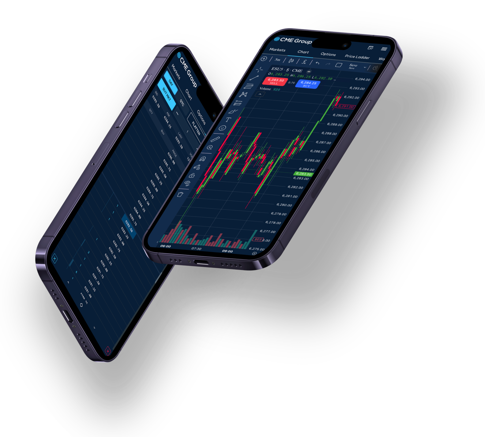 CME Group trading app shown on two smartphones